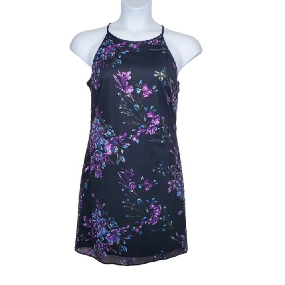 White House Black Market Black Purple Embellished Sequin Mini Shift Dress Size 4 - Picture 1 of 7